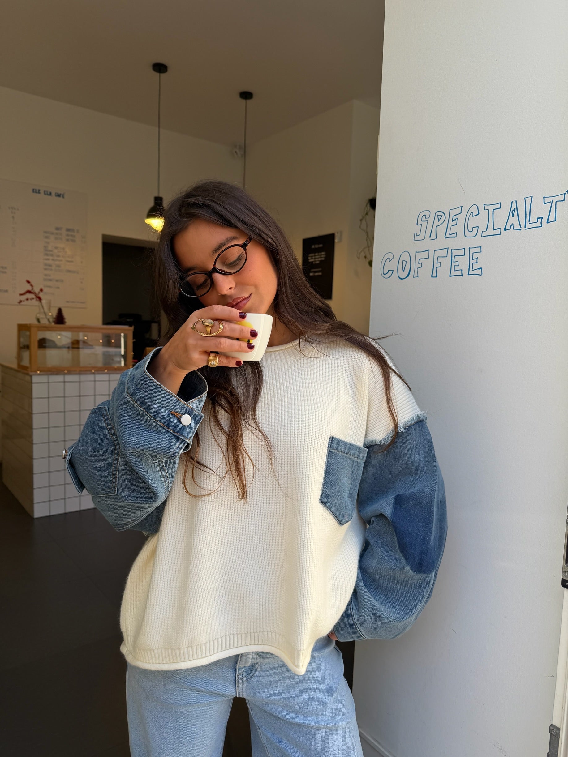 Denim and White Knit Sweater - Shipping 28/01