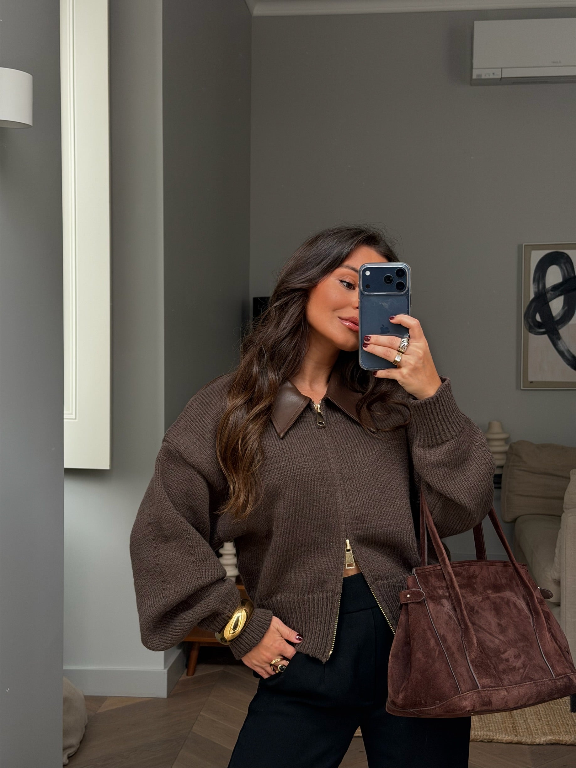 Knit Cardigan with Leather details in Brown