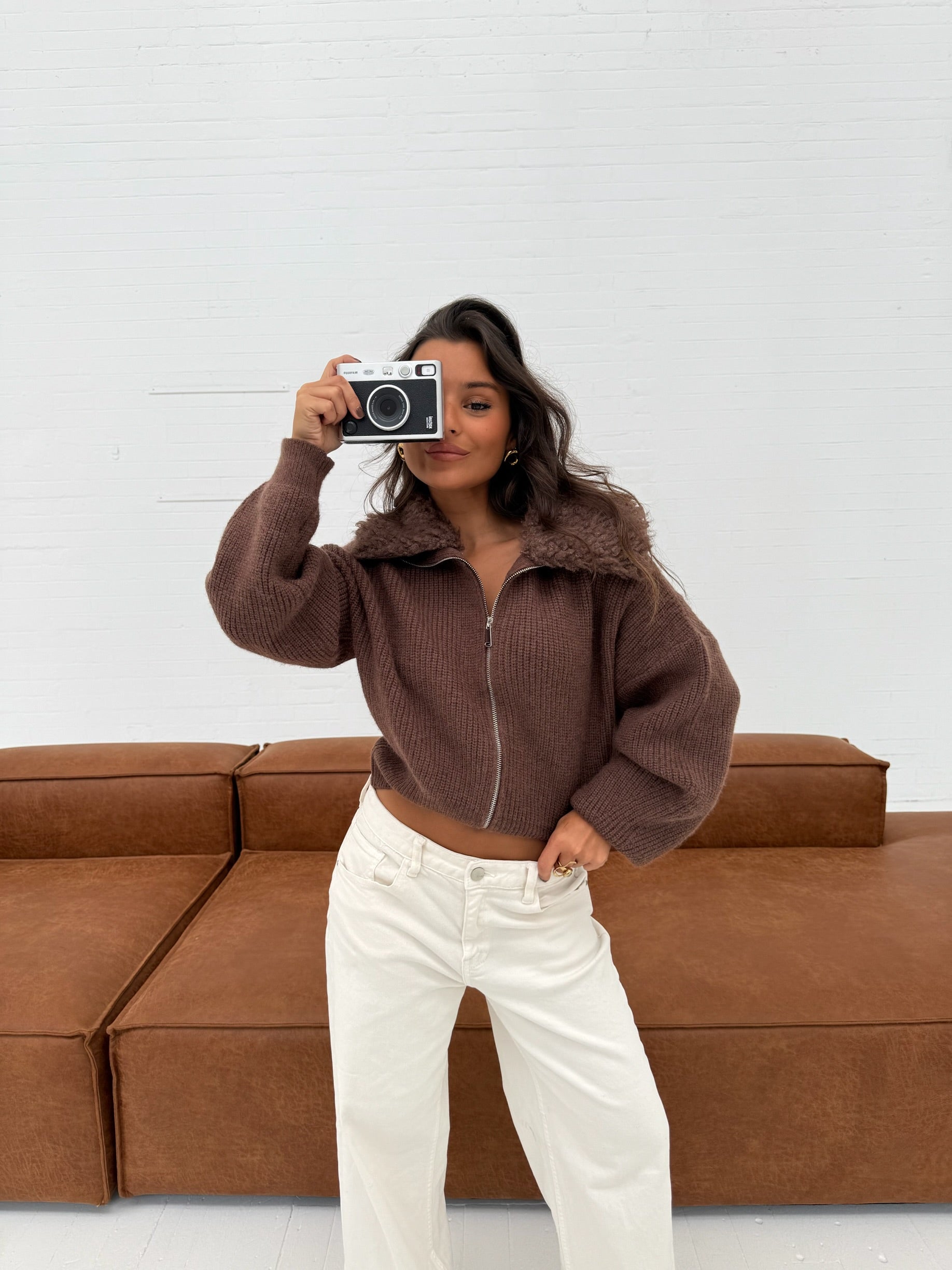 Knit Cardigan with Curly Fur Collar in Brown